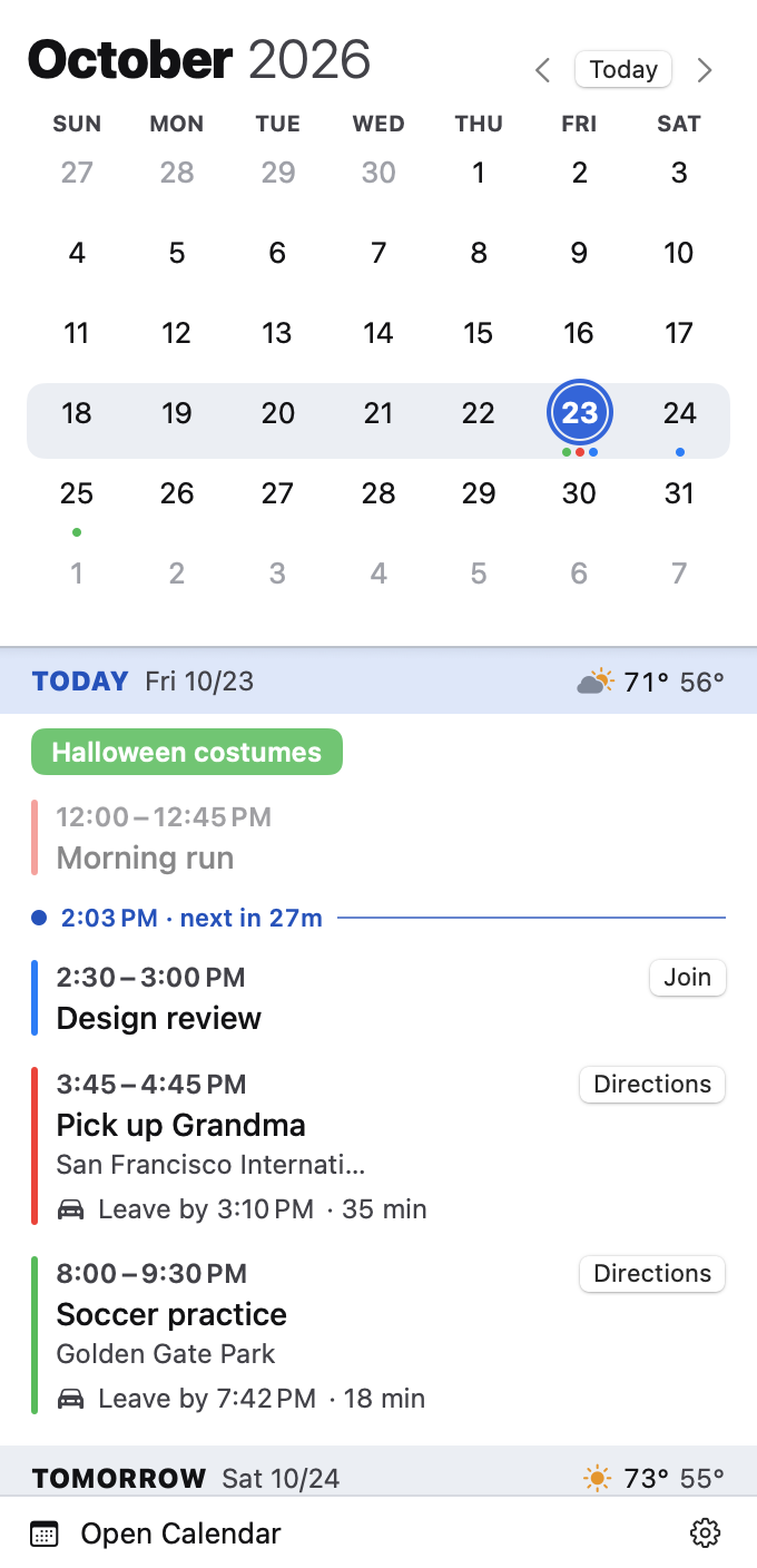 ForeCal's panel: a month grid above a scrolling agenda with weather, Join buttons, and leave-by times